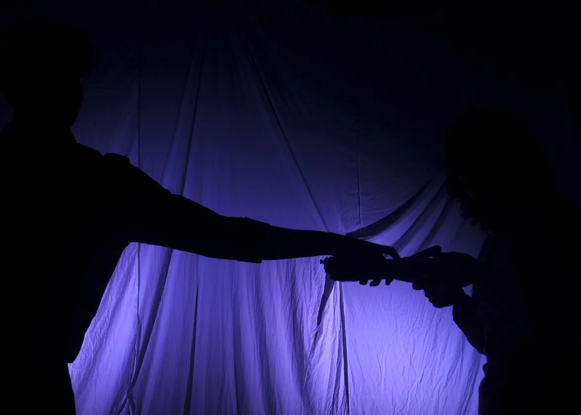 A blurred struggle between silhouetted figures in front of the lit sheet.