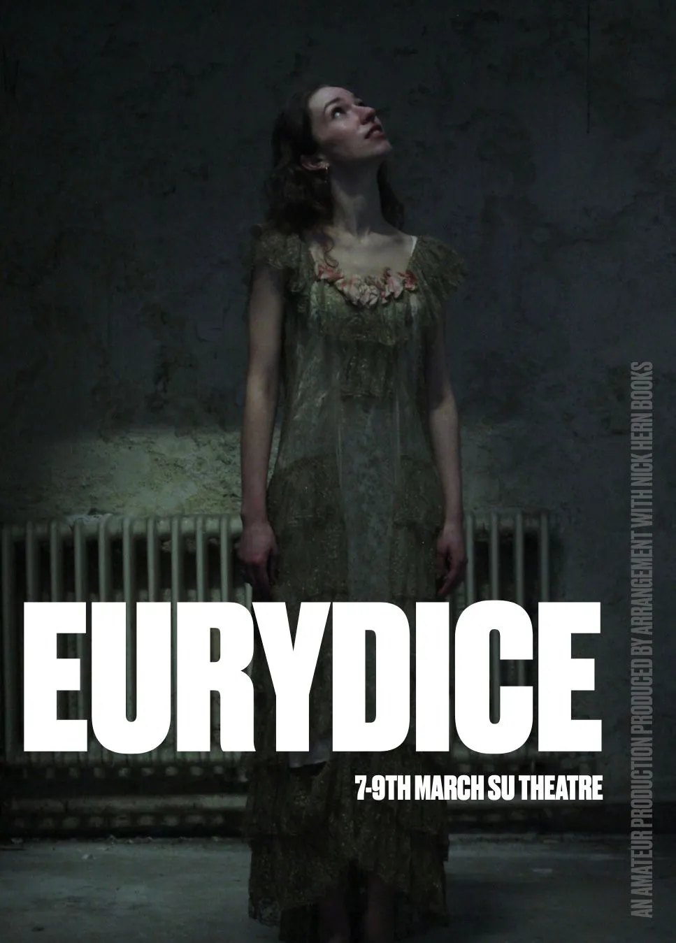 Eurydice production poster — a figure in a green gown against a bare wall.