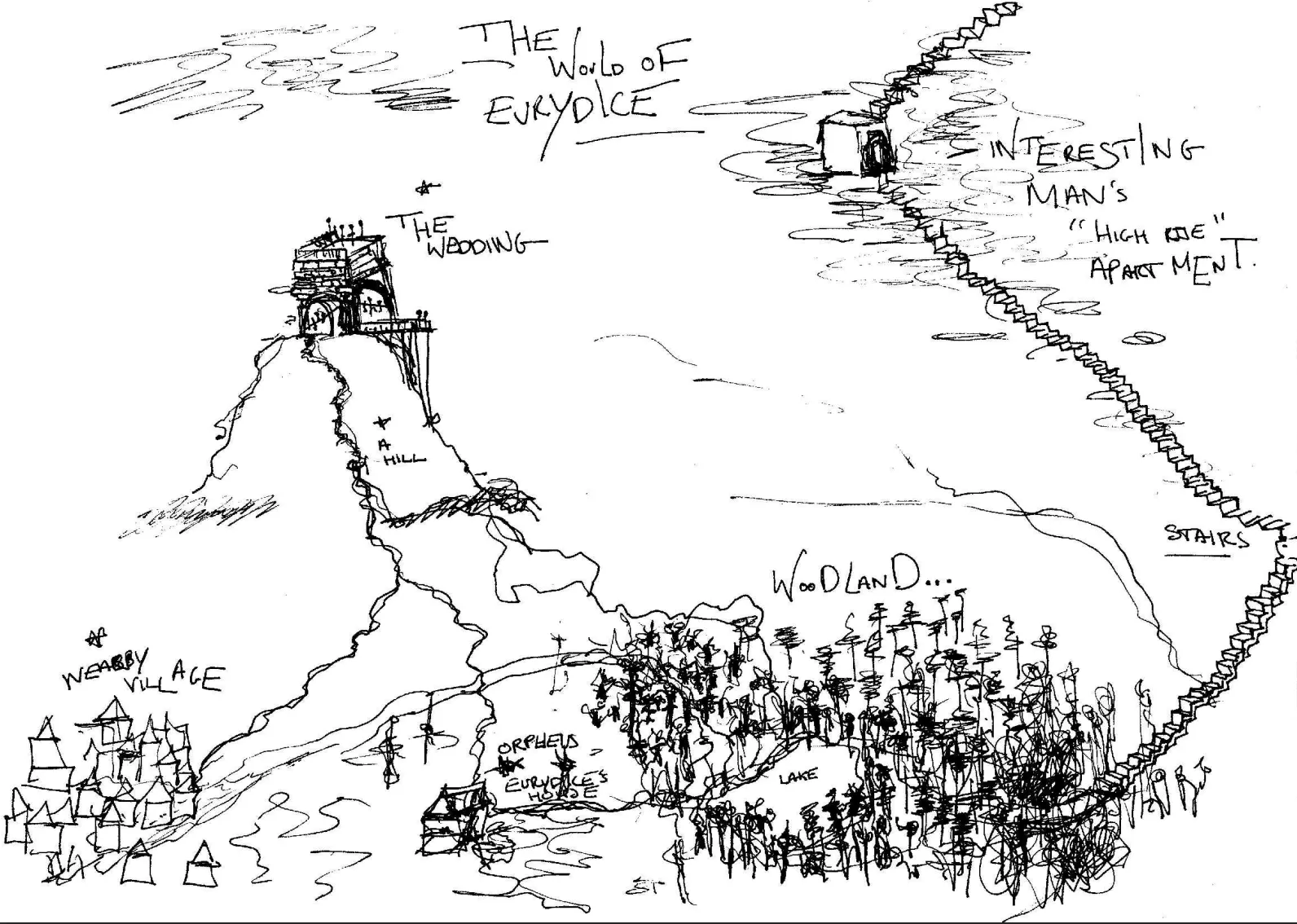 Hand-drawn map titled The World of Eurydice, used as a production reference.